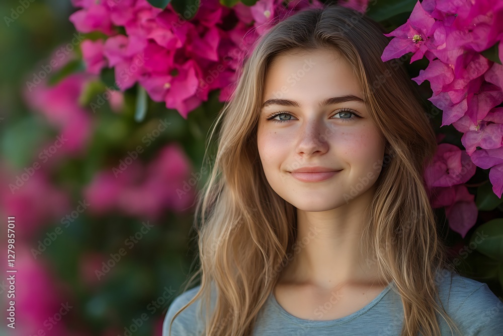 Fototapeta premium Smiling girl, bougainvillea flowers, outdoor portrait