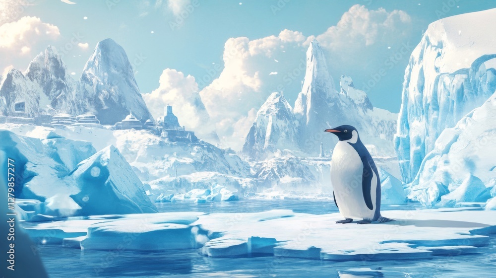 Obraz premium Penguin on Ice in Antarctic Landscape