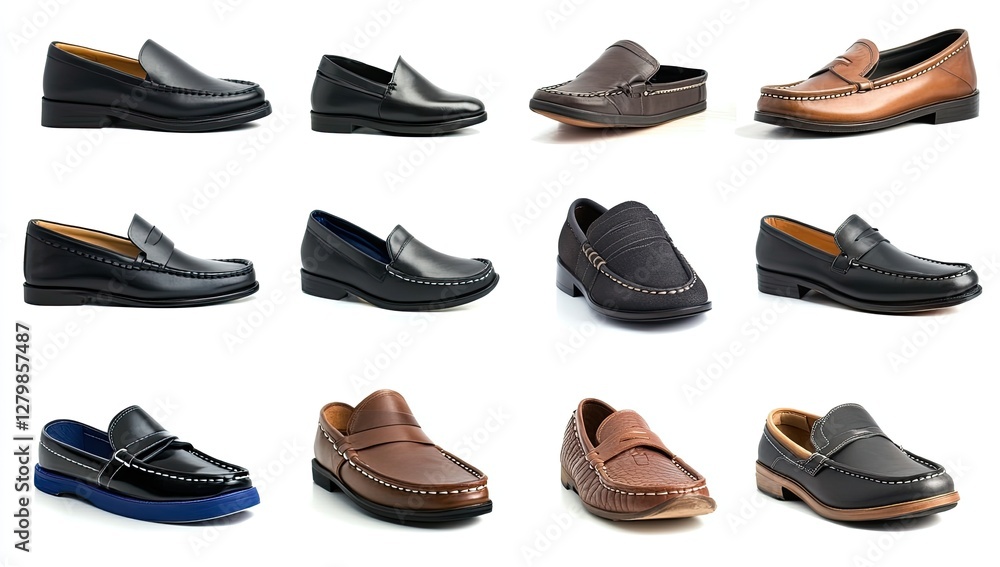 Variety of men's loafers, different colors and styles, studio shot on white background Variety of men's loafers, different colors and styles, studio shot on white background