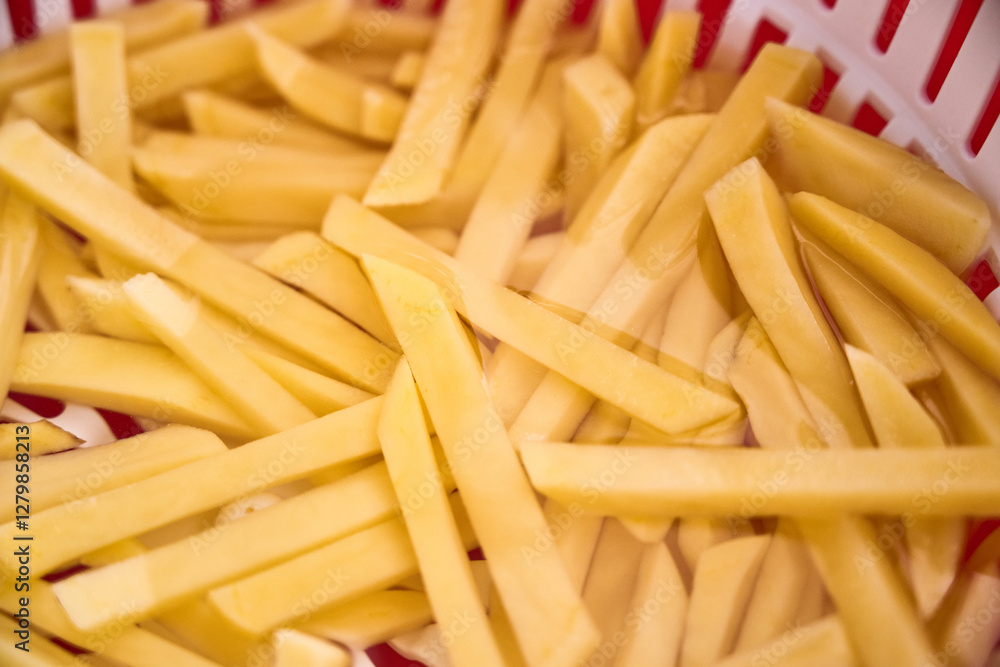 Batonnet cut potatoes soaked in water to remove starch and make crispy fries Batonnet cut potatoes soaked in water to remove starch and make crispy fries