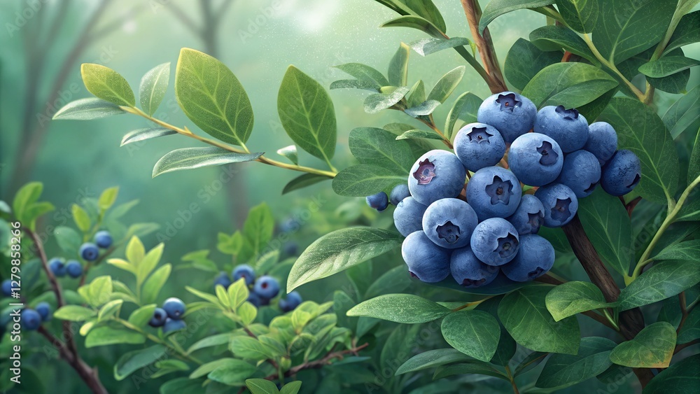 Blueberry Bush in the Orchard: A close-up view of a blueberry bush laden with ripe, juicy blueberries, nestled amongst vibrant green leaves in a sun-dappled orchard, evoking freshness and abundance. Blueberry Bush in the Orchard: A close-up view of a blueberry bush laden with ripe, juicy blueberries, nestled amongst vibrant green leaves in a sun-dappled orchard, evoking freshness and abundance.