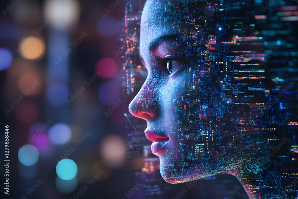 human head with binary code, Generating AI human head with binary code, Generating AI