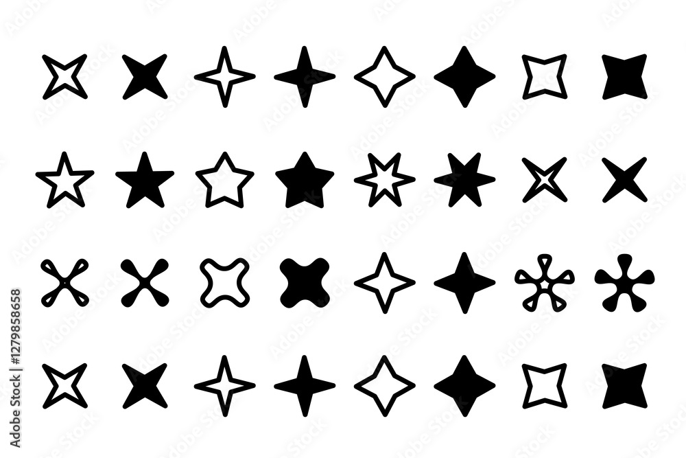 Obraz premium Different star shape set. Full color and line design isolated on white background.
