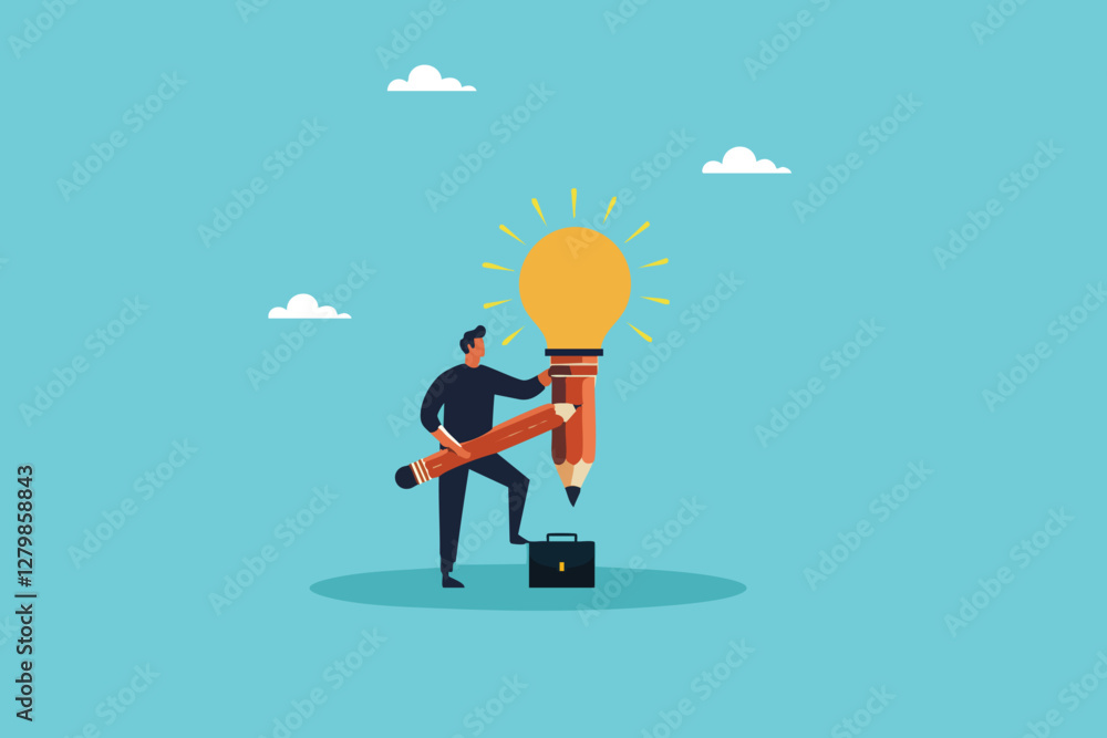 Bright Ideas in Action, Smart Young Man Holding a Giant Pencil with a Glowing Light Bulb of Innovation Bright Ideas in Action, Smart Young Man Holding a Giant Pencil with a Glowing Light Bulb of Innovation