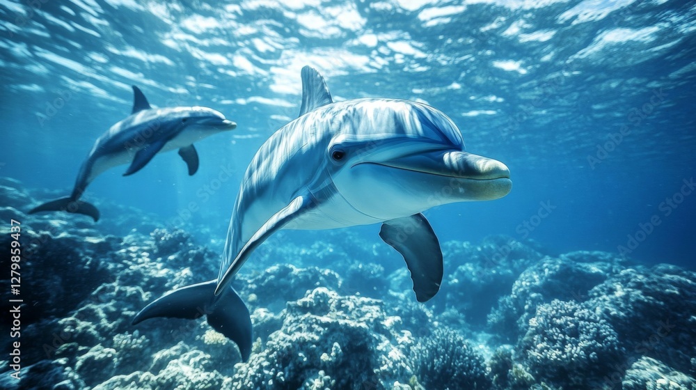 Fototapeta premium Two Dolphins Swimming Near Coral Reef Underwater