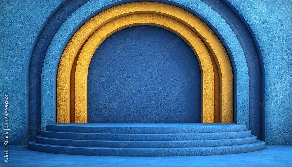 A Blue and Gold Architectural Design Features Arched Structures and Stages A Blue and Gold Architectural Design Features Arched Structures and Stages