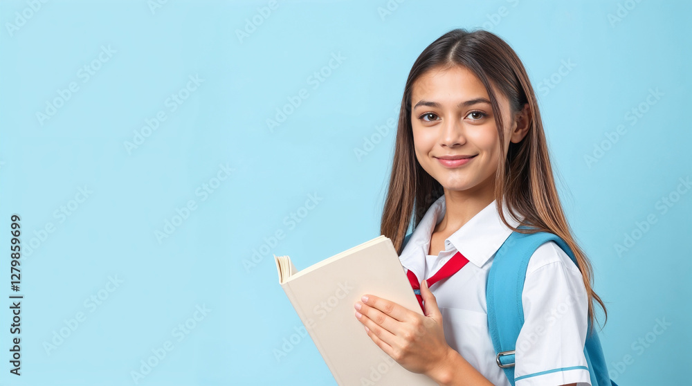 Back to school. Schoolgirl student hold book on light blue isolated studio background. School and education concept Back to school. Schoolgirl student hold book on light blue isolated studio background. School and education concept