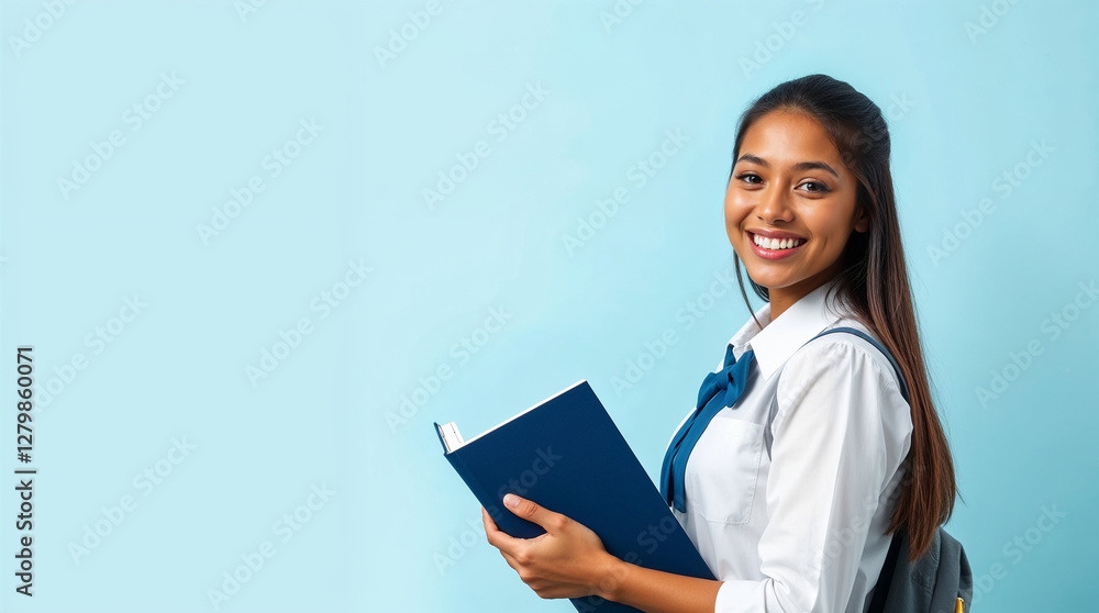 Back to school. Schoolgirl student hold book on light blue isolated studio background. School and education concept Back to school. Schoolgirl student hold book on light blue isolated studio background. School and education concept