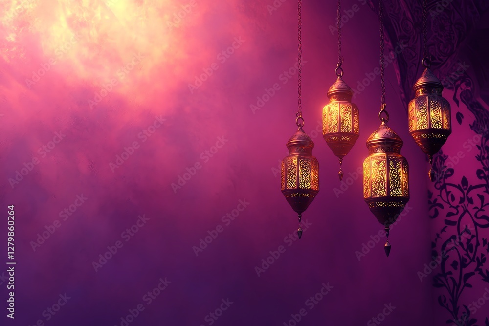 Obraz premium banner for ramadhan , Ornate Islamic hanging lamps glow with golden light on a gradient pink , purple-to-gold background, perfect for festive Ramadan messages and designs.