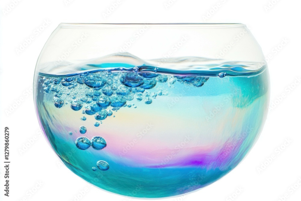Colorful water in a glass bowl creating bubbles and reflections, showcasing vibrant hues and light effects for a fresh and lively atmosphere Colorful water in a glass bowl creating bubbles and reflections, showcasing vibrant hues and light effects for a fresh and lively atmosphere