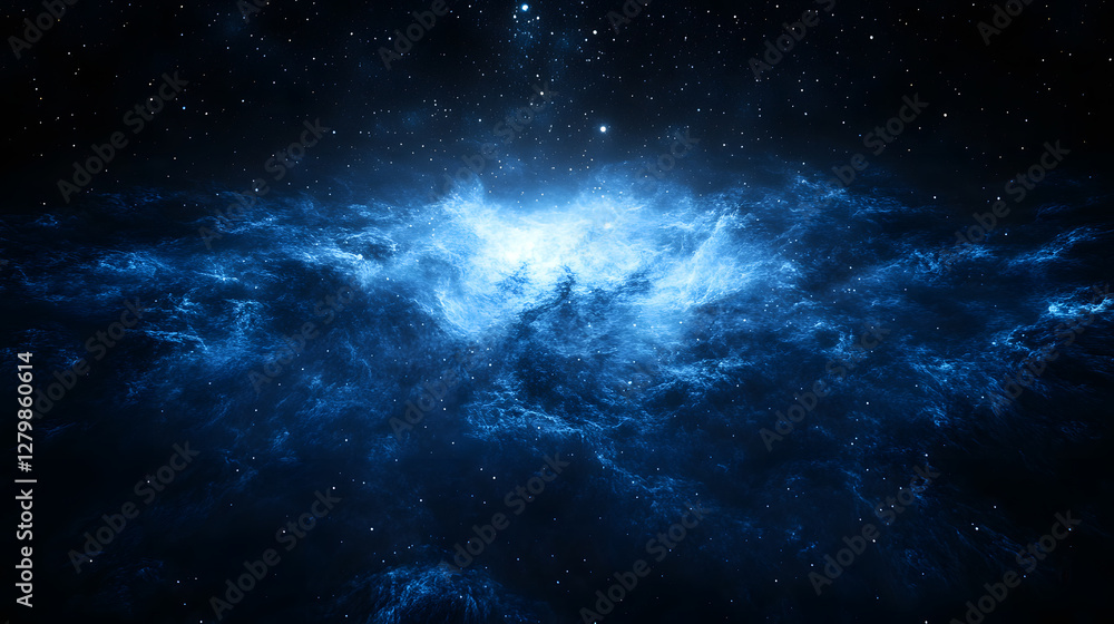 Fototapeta premium Stunning cosmic nebula, vibrant blue hues swirling with stars. A captivating display of celestial beauty, perfect for space-themed backgrounds or science fiction projects.