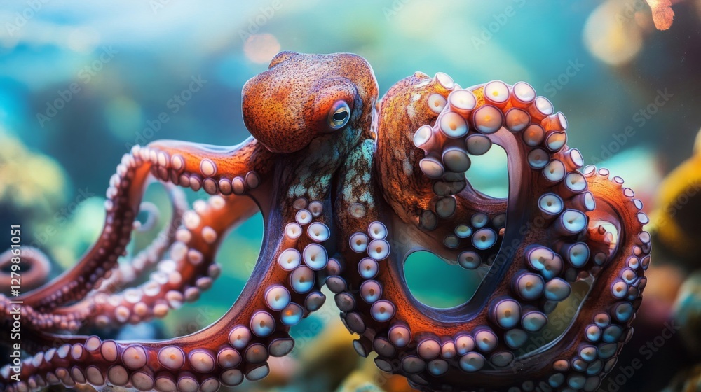 Fototapeta premium Closeup of a Reddish Brown Octopus in Vibrant Underwater Setting