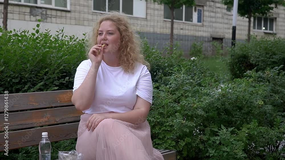 Overweight Caucasian woman eating French fries while walking. Overweight Caucasian woman eating French fries while walking.