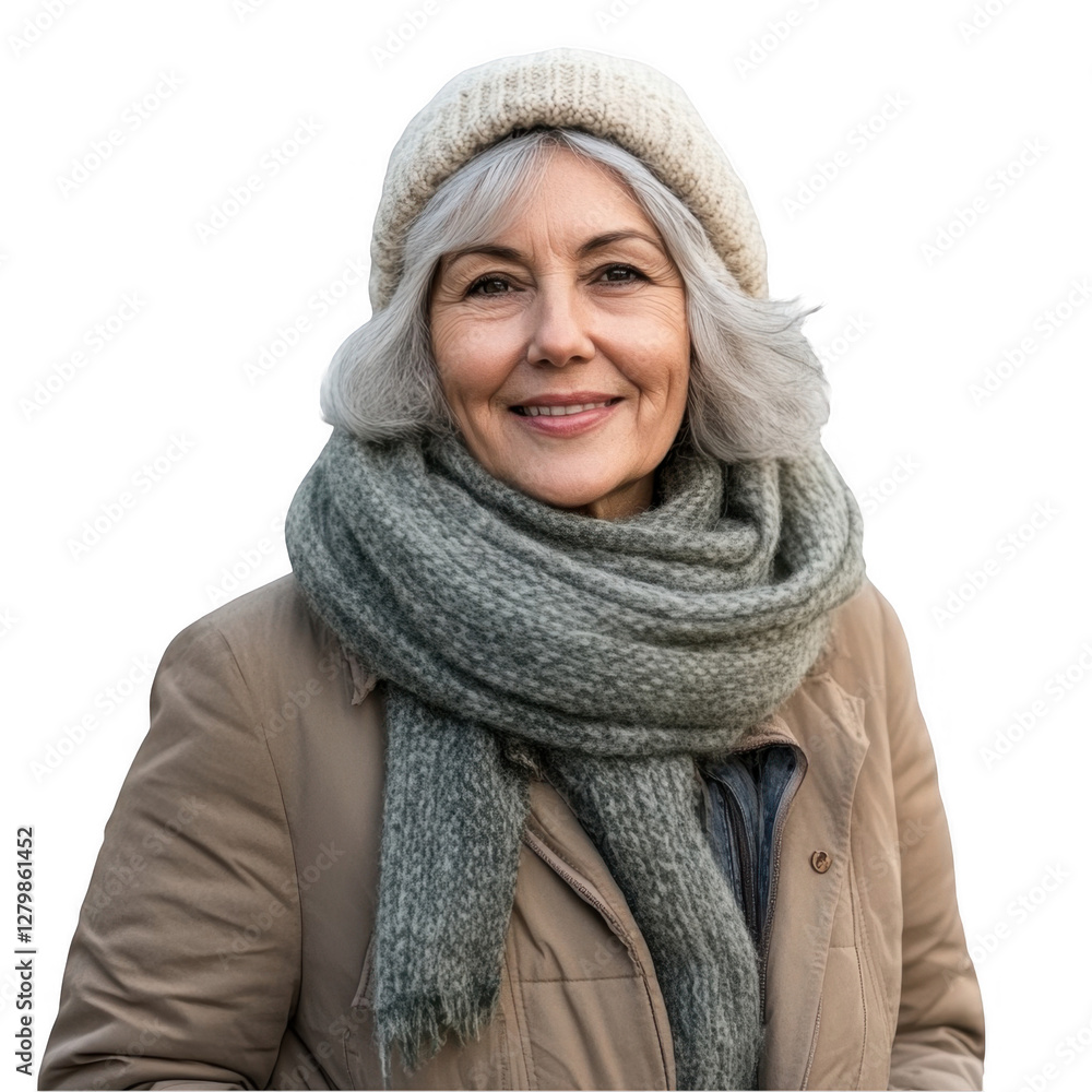 Smiling Woman with Grey Hair Wearing Winter Scarf and Hat Outdoors Smiling Woman with Grey Hair Wearing Winter Scarf and Hat Outdoors
