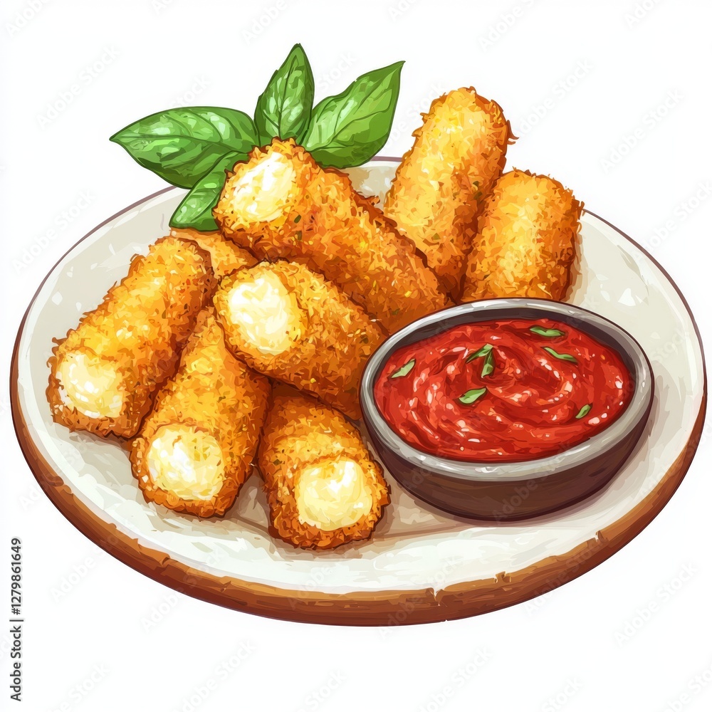 Crispy Golden Fried Cheese Sticks on Plate with Fresh Basil and Red Marinara Sauce for Tasty Appetizer Crispy Golden Fried Cheese Sticks on Plate with Fresh Basil and Red Marinara Sauce for Tasty Appetizer