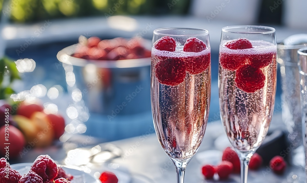 glasses of bubbly red grape champagne are placed on the table, with red raspberry ice cubes floating in the glass, Generative AI glasses of bubbly red grape champagne are placed on the table, with red raspberry ice cubes floating in the glass, Generative AI