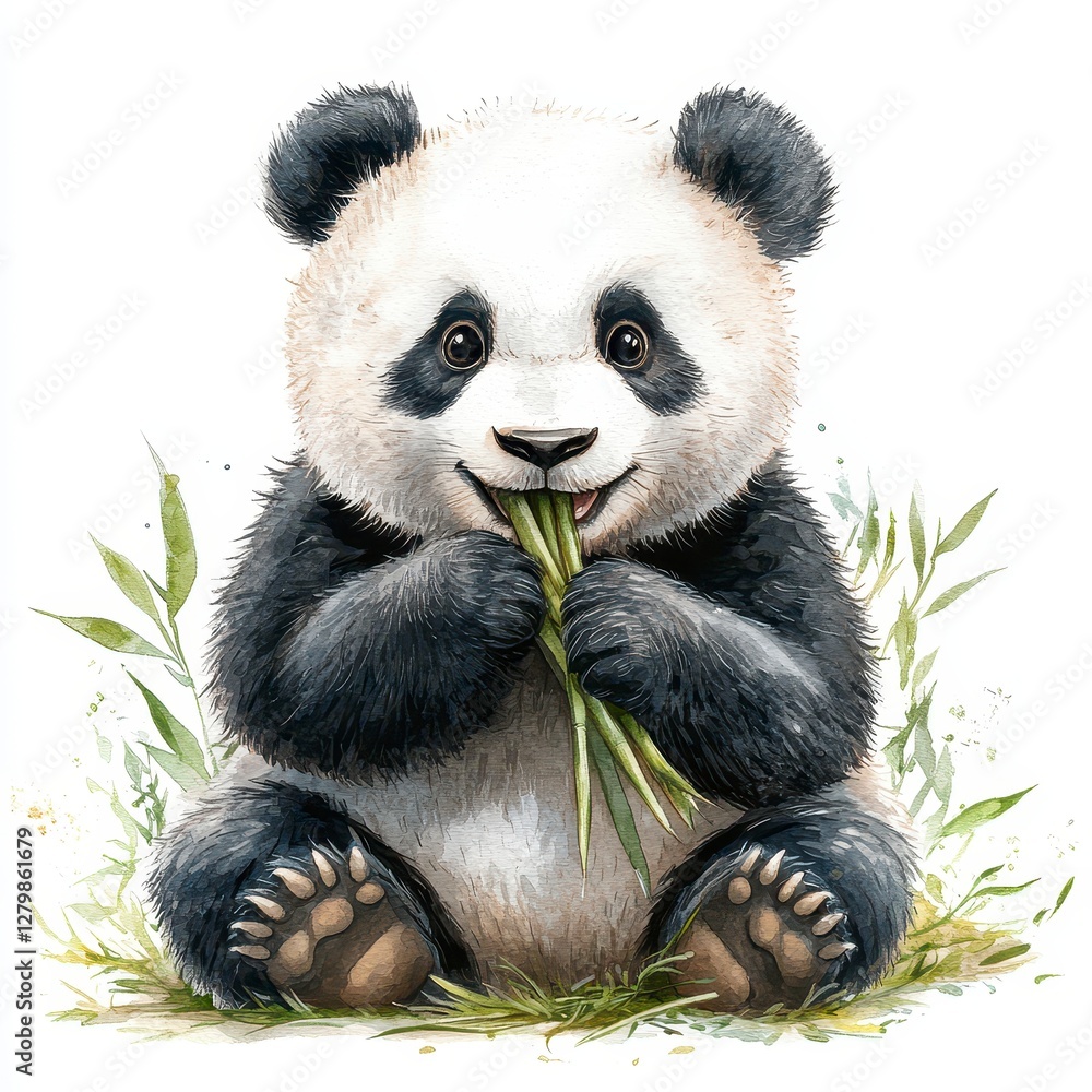 Fototapeta premium Cute Panda Cub Eating Bamboo In Watercolor Style Illustration