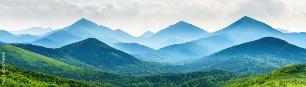 Fototapeta premium Serene Landscape of Rolling Green Mountains Under Cloudy Sky with Layered Blue Peaks in Distance