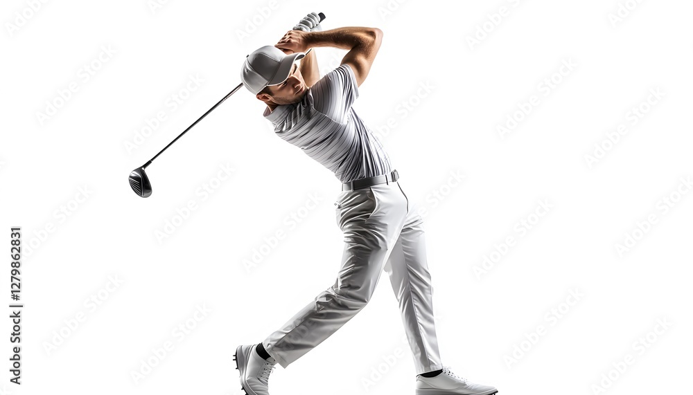 Professional golfer executes powerful swing with precision and control Professional golfer executes powerful swing with precision and control