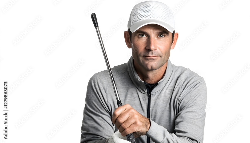 Confident golfer poses with club in a studio setting Confident golfer poses with club in a studio setting