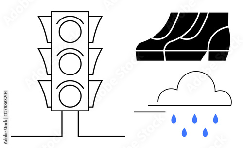 Traffic light with three signals, a pair of shoes, and a cloud releasing blue raindrops. Ideal for themes thumbs up weather forecast, urban lifestyle, pedestrian safety, traffic control, walking
