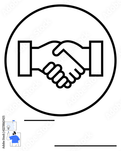 Handshake graphic symbolizing collaboration, trust, and partnership within a circle. Ideal for business agreements, teamwork, networking, mutual support, professional relations, communication