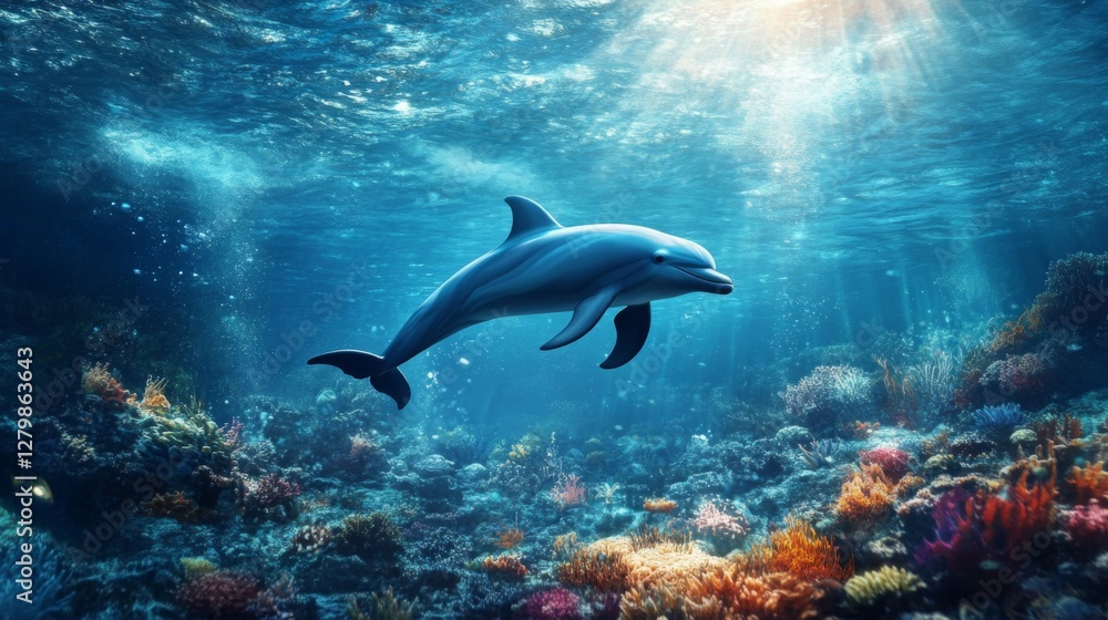 Fototapeta premium Dolphin Swimming in Vibrant Coral Reef Underwater