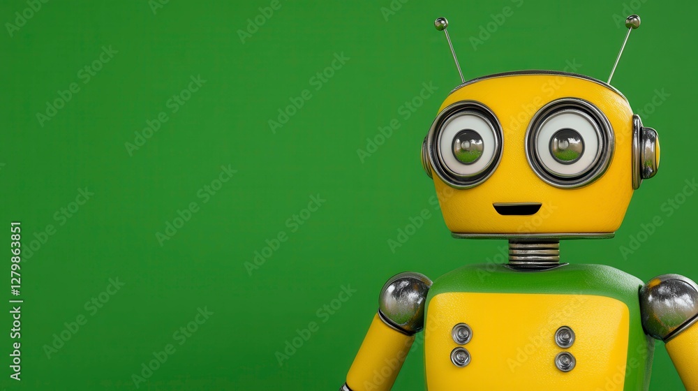 Cute Yellow And Green Robot Character Against Green Background Cute Yellow And Green Robot Character Against Green Background
