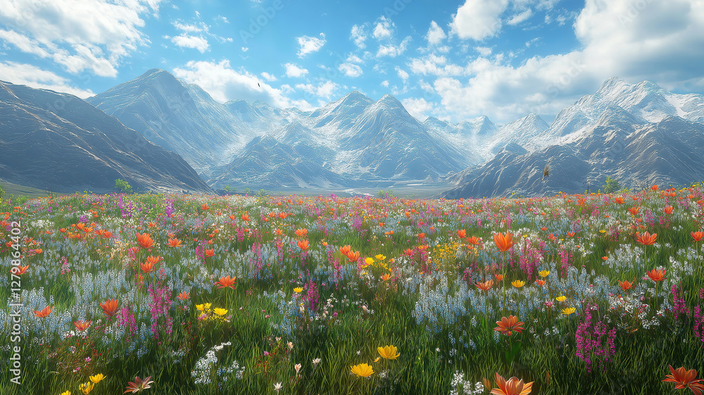 Lush flower-filled valleys nestled between towering mountains, showcasing nature's beauty at its finest Lush flower-filled valleys nestled between towering mountains, showcasing nature's beauty at its finest