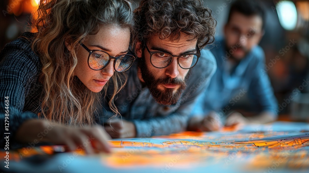 Fototapeta premium Three People Examining A Map Carefully At A Table