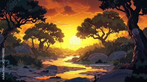 African Sunset Landscape: Serene River at Golden Hour