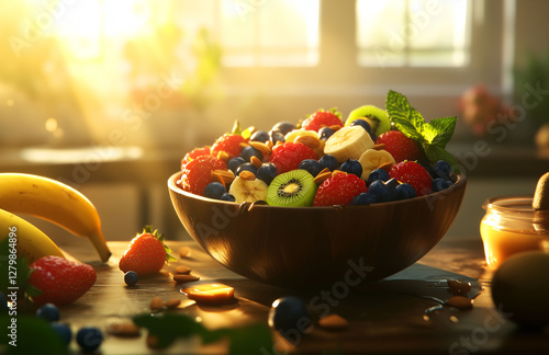 Sunlit fruit salad in morning natural lighting photo