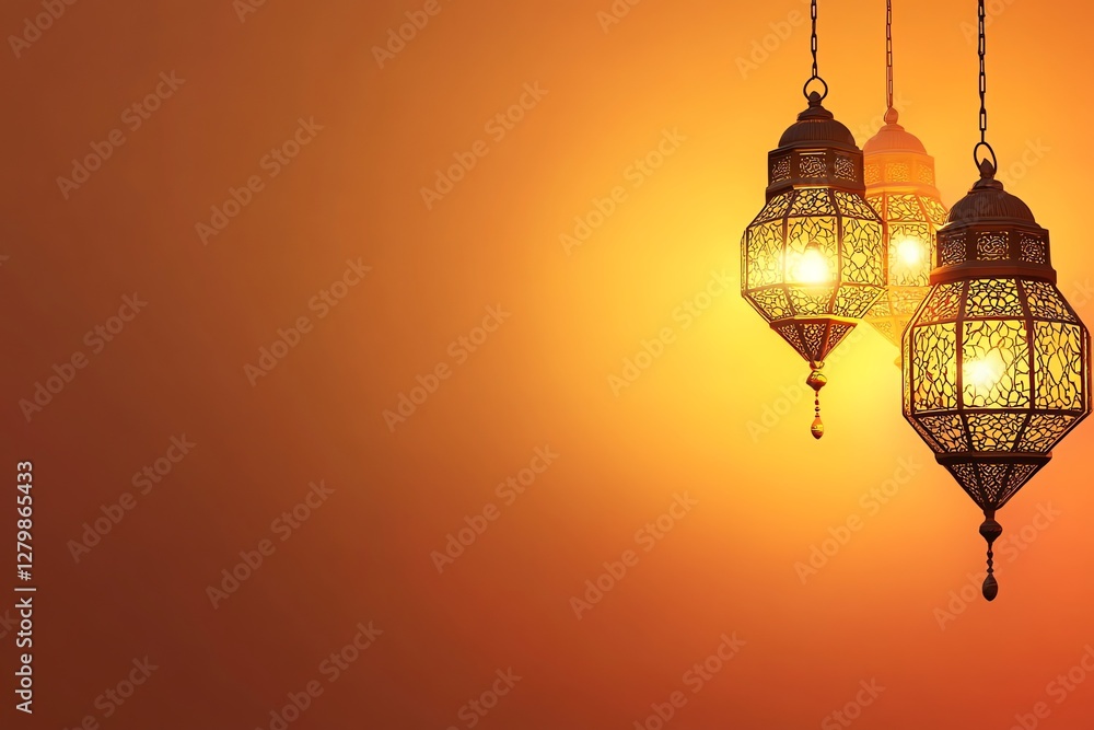 Obraz premium banner for ramadhan , Ornate Islamic hanging lamps glow with golden light on a gradient orange-to-gold background, perfect for festive Ramadan messages and designs.