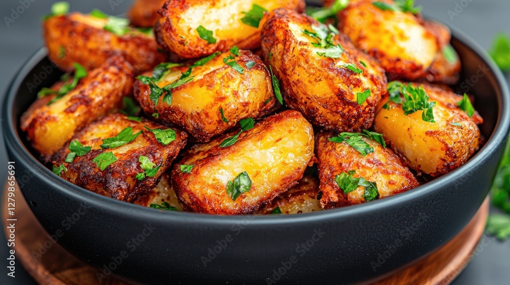 Crispy Roasted Potatoes in Bowl, Parsley Garnish Crispy Roasted Potatoes in Bowl, Parsley Garnish