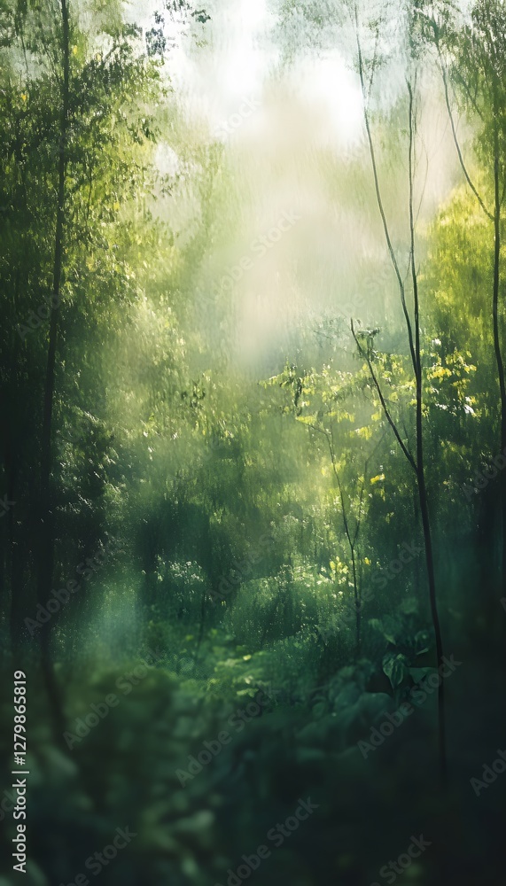 Fototapeta premium A Lush Green Forest Landscape Featuring Sunlight and Atmospheric Mist