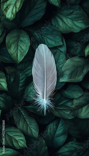 Wallpaper Mural Single feather amidst deep green leaves Torontodigital.ca