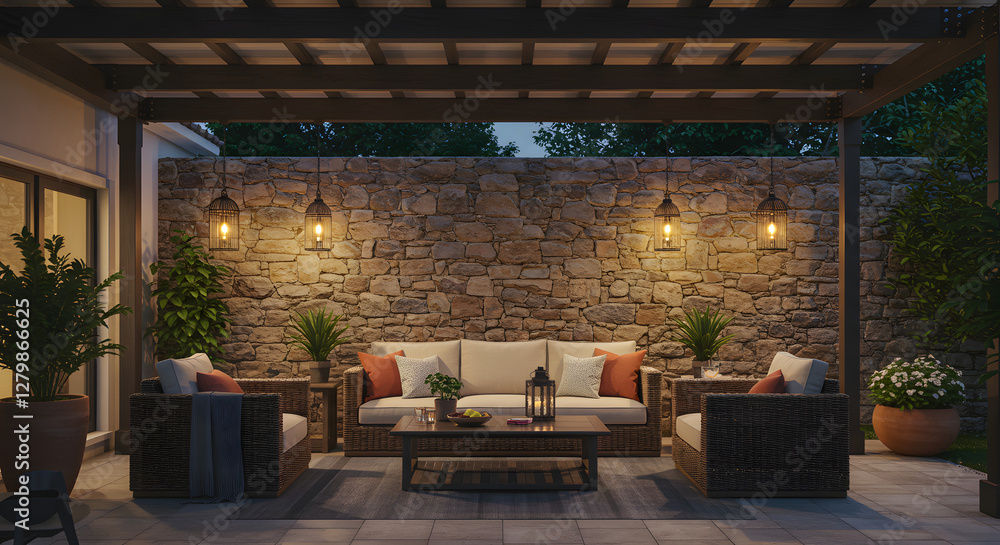 Fototapeta premium Seamless Elegance: A Trendy Backyard Patio with a Rustic Stone Wall