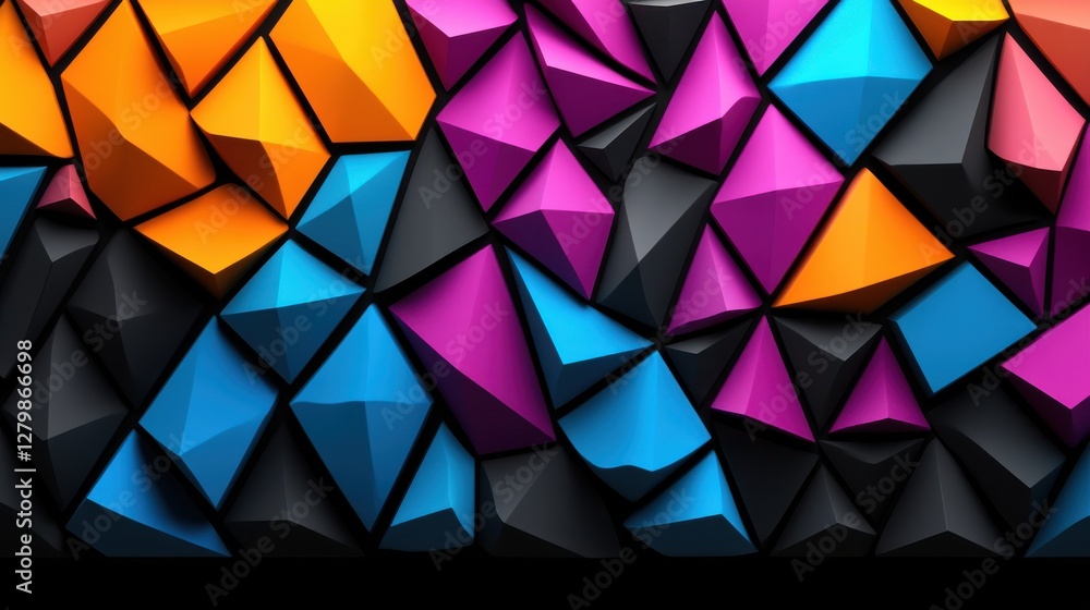 Fototapeta premium A vibrant geometric pattern featuring colorful 3D shapes in shades of orange, pink, blue, and black, creating a striking visual texture.