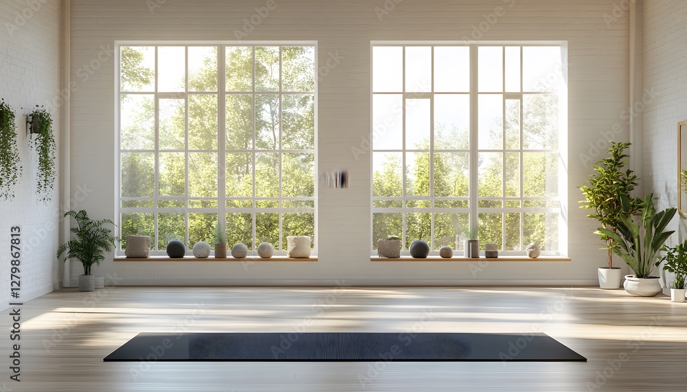 Fototapeta premium Bright yoga studio interior with plants and large windows