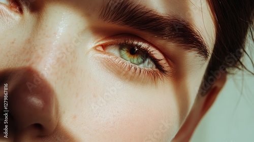 Sunlight illuminates the freckled face of a young model, highlighting a captivating green eye with long lashes and a perfectly shaped eyebrow photo