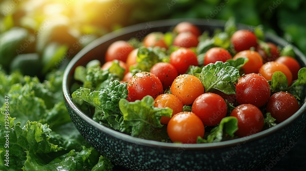 A Vibrant Healthy Salad Bowl Featuring Red Tomatoes and Fresh Greens A Vibrant Healthy Salad Bowl Featuring Red Tomatoes and Fresh Greens