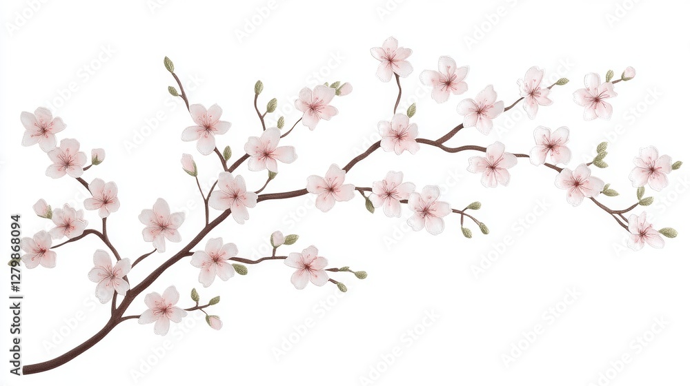 Delicate cherry blossom branch with pink flowers and buds on a light background Delicate cherry blossom branch with pink flowers and buds on a light background