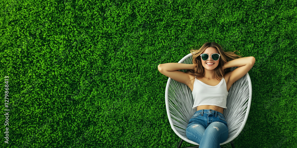 Relaxed Woman in Wicker Chair Against Green Wall