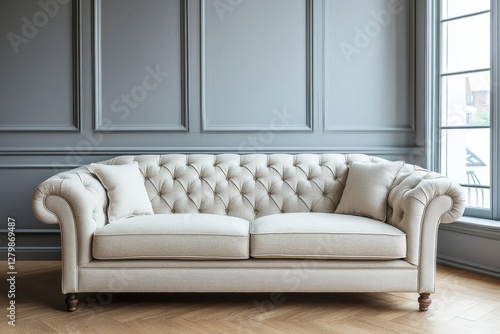 Elegant beige tufted sofa in a classic living room. photo