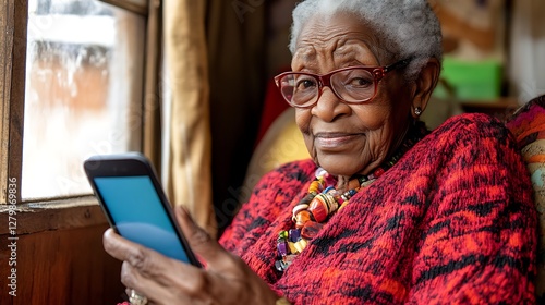 Senior woman using tablet by window