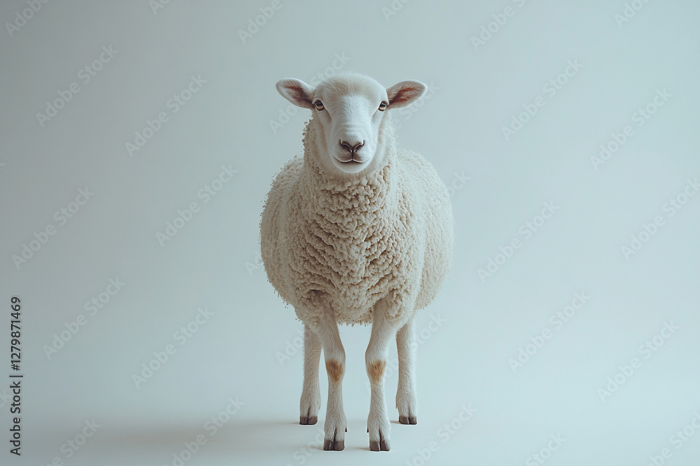 Fototapeta premium Sheep standing on a white background. Animal front portrait.