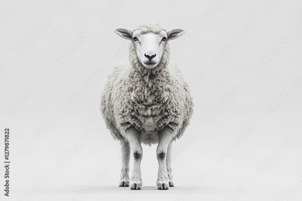 Fototapeta premium Sheep standing on a white background. Animal front portrait.