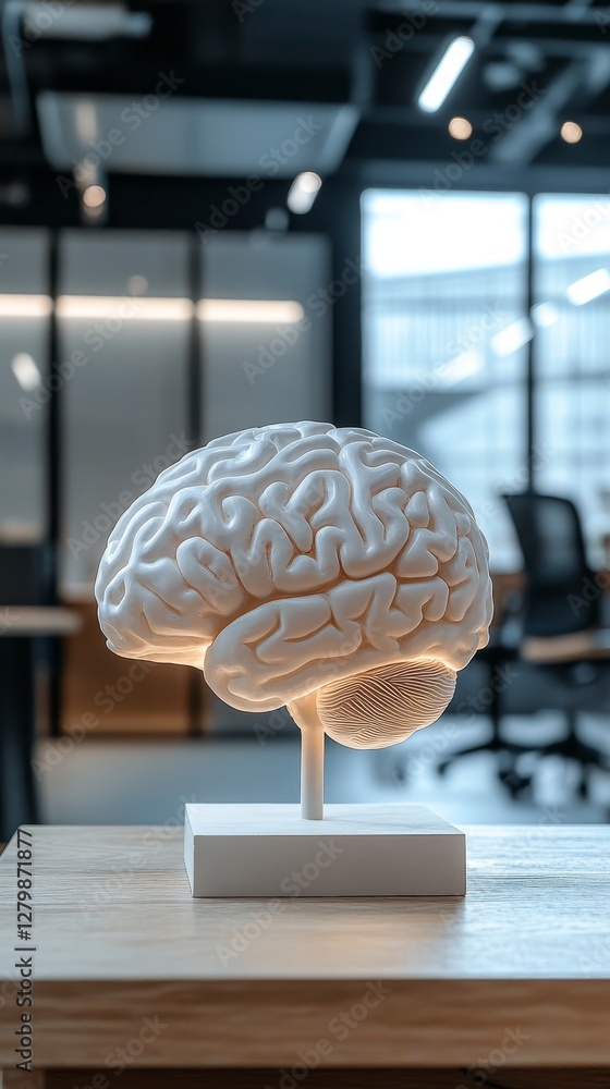 A detailed white brain model displayed on a table in an office, symbolizing the concept of artificial intelligence and innovative technology, reflecting a futuristic and tech-driven workspace. A detailed white brain model displayed on a table in an office, symbolizing the concept of artificial intelligence and innovative technology, reflecting a futuristic and tech-driven workspace.