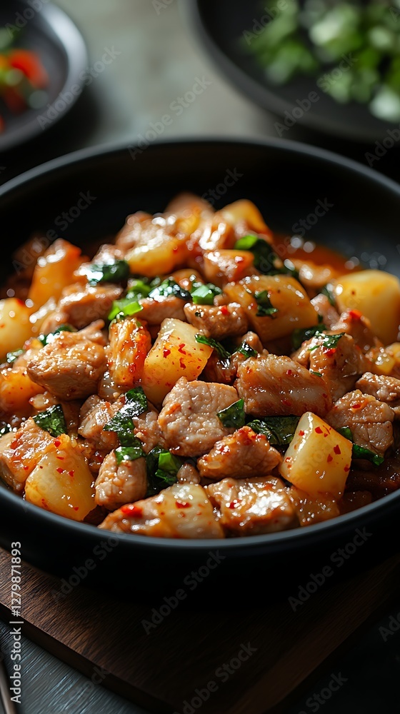 Spicy Pork and Pineapple Stir-fry in Pan, Restaurant Style Spicy Pork and Pineapple Stir-fry in Pan, Restaurant Style