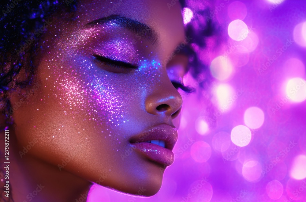 Stunning Portrait of a Woman with Sparkling Makeup Against a Purple Blurred Background Highlighting Beauty and Creativity Stunning Portrait of a Woman with Sparkling Makeup Against a Purple Blurred Background Highlighting Beauty and Creativity